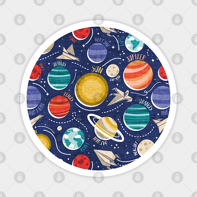 Paper space adventure I // pattern // navy blue background multicoloured solar system paper cut planets origami paper spaceships and rockets Magnet by SelmaCardoso